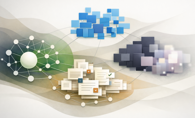 Abstract illustration of interconnected data points and document icons.