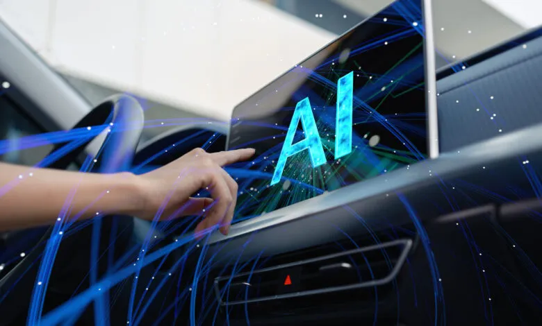 Hand touches 'AI' on car's dashboard screen, representing artificial intelligence.