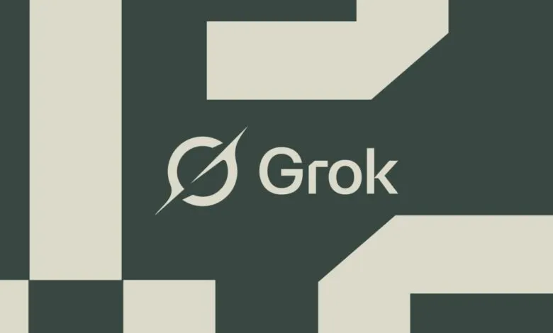 Grok logo on a geometric background of dark green and light beige.