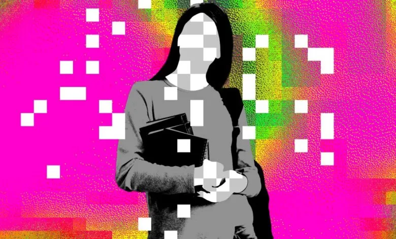 Abstract image of a person holding books with pixelated face and colorful background.