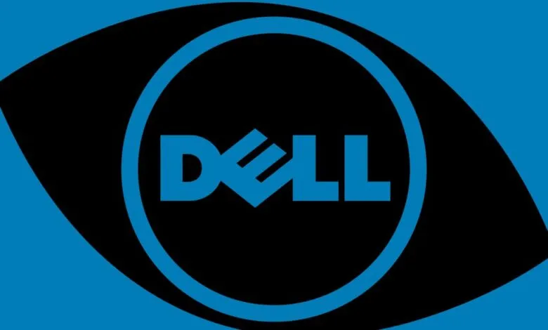 Dell logo in blue on a black background with abstract blue shapes.