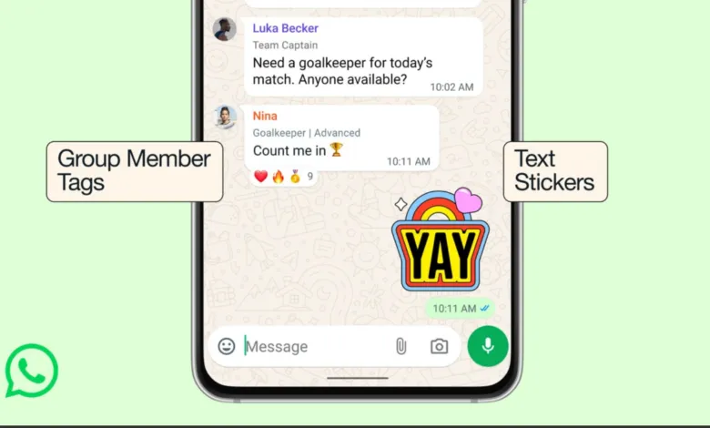 WhatsApp group chat showing member tags and text stickers.