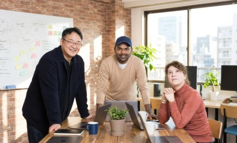 Three smiling founders, Mynseok Kang, Lax Poojary, and Lucie Marchand, pose at a wooden table.