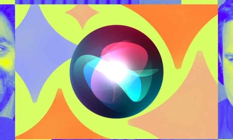 Two men flank a stylized Siri icon in a vibrant, abstract design.
