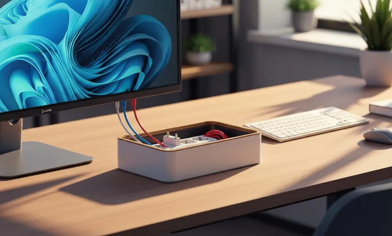 Desk setup with monitor, keyboard, mouse, and cable management box.