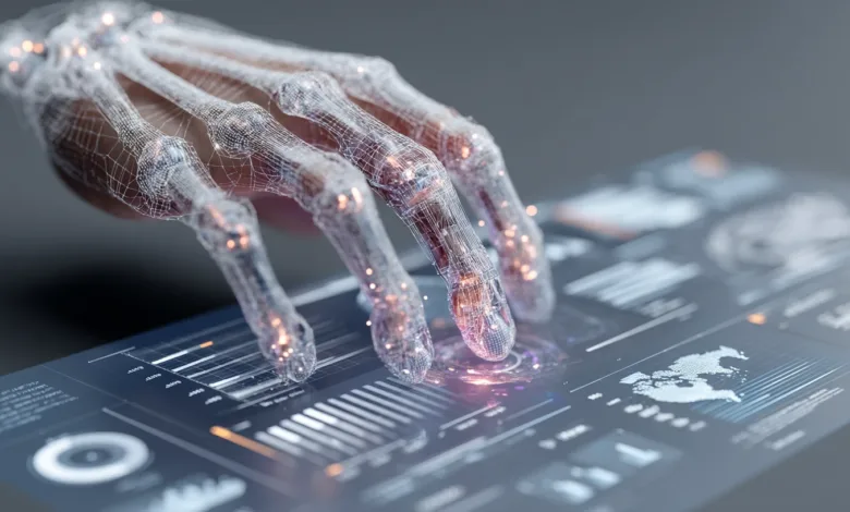 Wireframe hand interacts with data visualizations on a digital display.