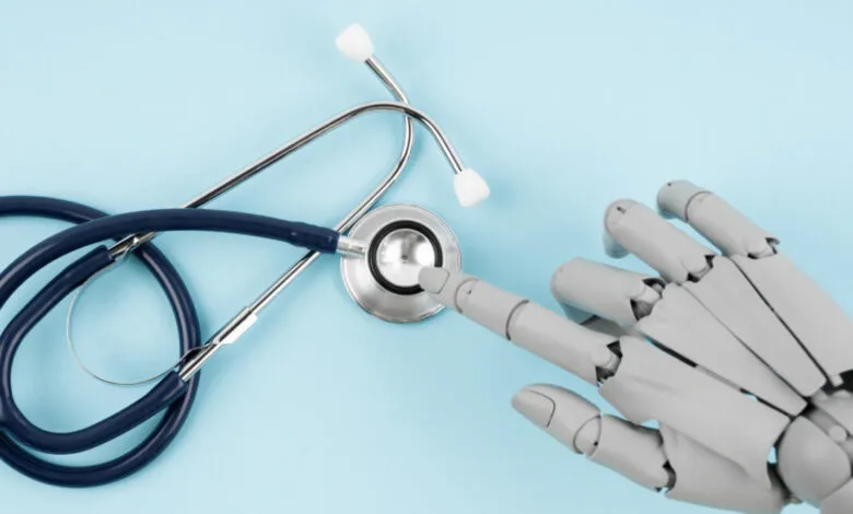 Robot hand touches stethoscope on blue background, AI in medicine.