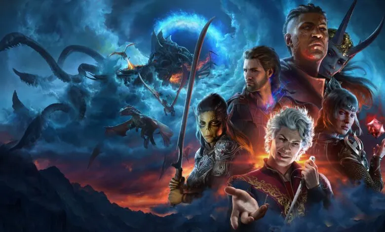 Baldur's Gate 3 promotional art featuring diverse characters and fantastical creatures.