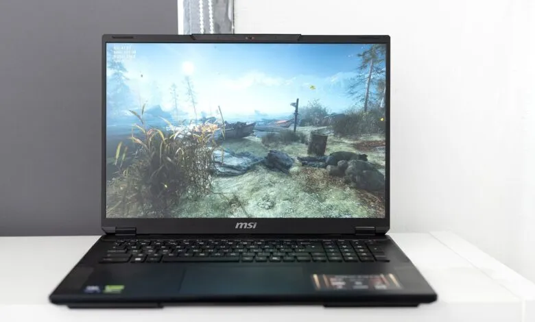 MSI gaming laptop displaying a detailed outdoor game scene.