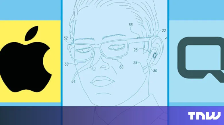 Apple AR glasses patent drawing with Apple and TNW logos.