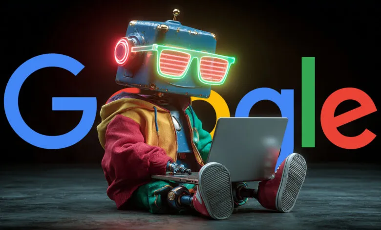 Robot with neon glasses sits with laptop in front of Google logo.