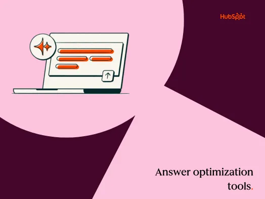 Illustration of a laptop with optimization icons on a pink and maroon background.