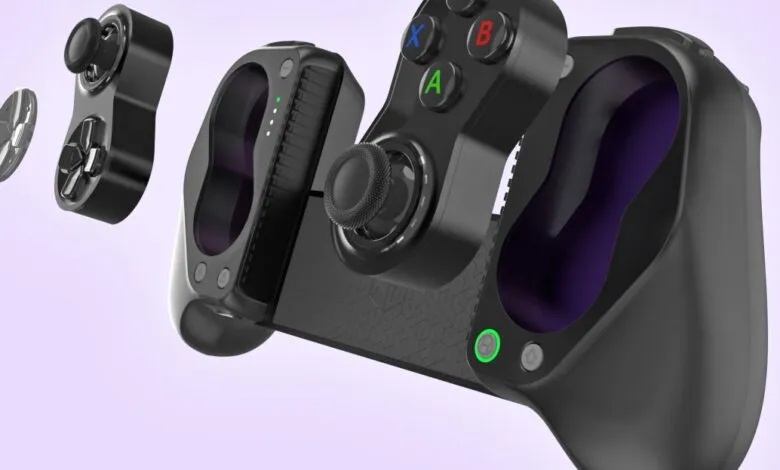 Exploded view of a black Hyperkin GameSir mobile gaming controller.