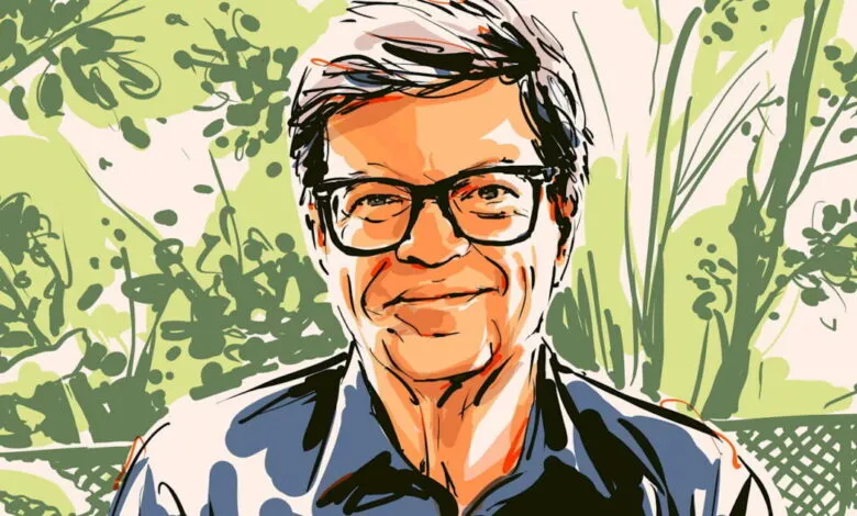 Stylized portrait of Yann LeCun with a green and beige background.