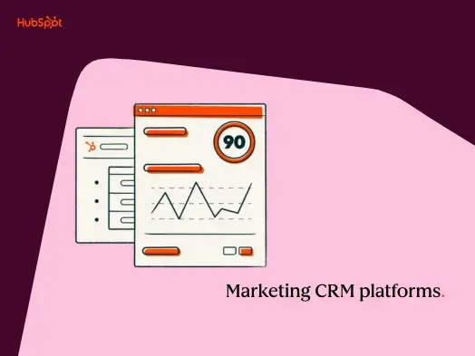 Illustration of marketing CRM platforms with data charts and HubSpot logo.