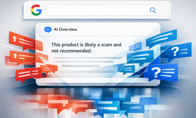 Google AI Overview stating a product is likely a scam.