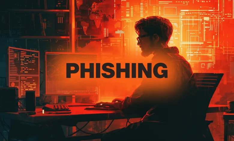 Person at computer with 'PHISHING' text overlayed on digital interface.