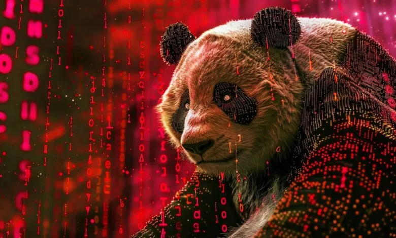 Digital panda bear with red binary code overlay, futuristic design.