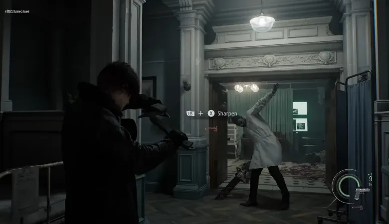 Resident Evil scene shows character facing a chainsaw-wielding enemy.