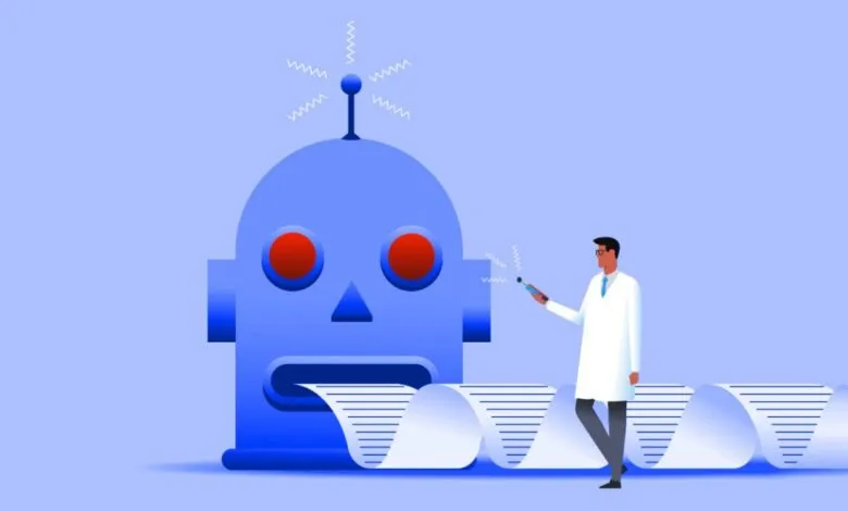 Illustration of scientist examining a large, blue robot with a long paper printout.