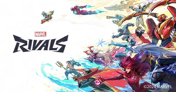 Marvel Rivals promotional art featuring various Marvel characters in action poses.