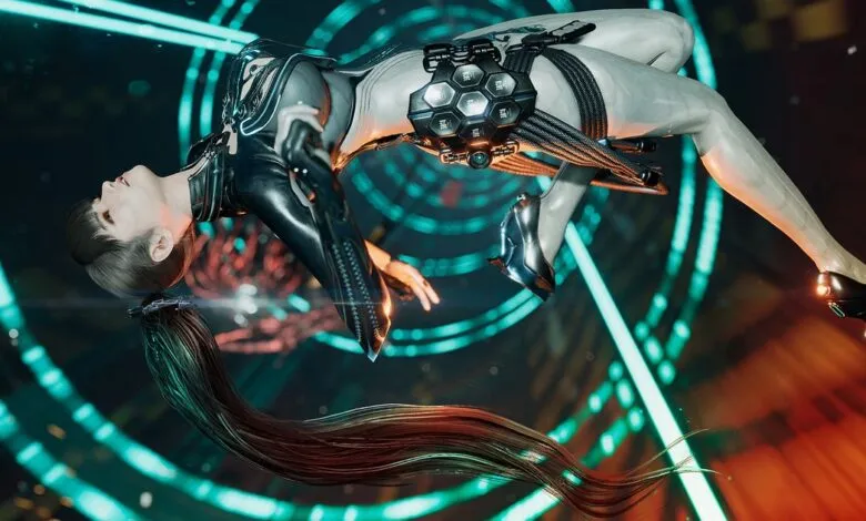 Woman in futuristic suit floats against a neon tunnel backdrop.