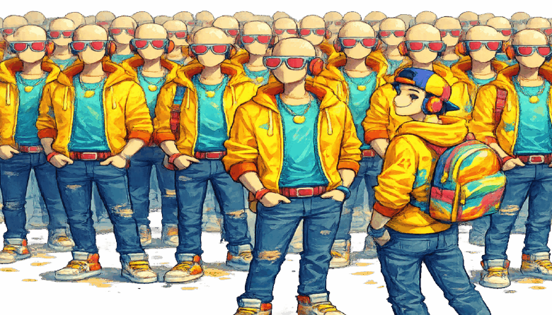 One person stands out in a crowd of identical figures with unique style.