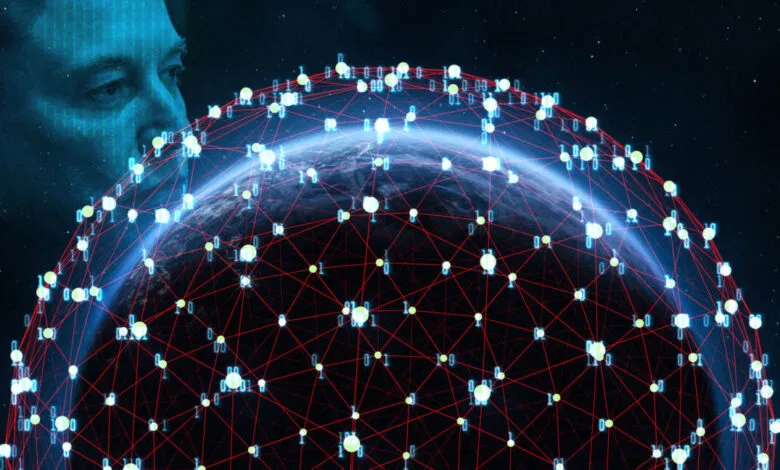 Digital globe with red network lines and Elon Musk's face in the background.