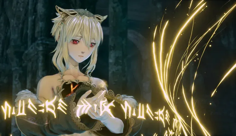 Anime-style woman with white hair and red eyes casting a spell.