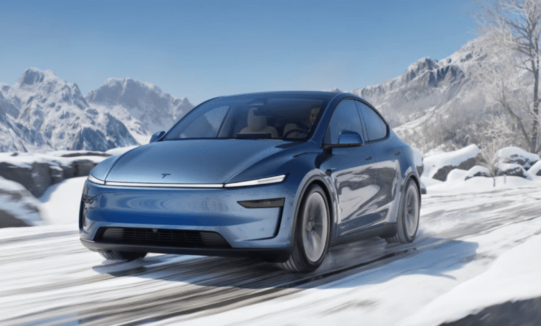 Blue Tesla Model Y driving on snowy road with mountains in background.