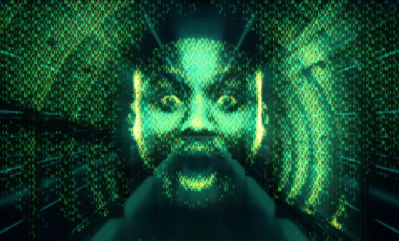 Digital face made of binary code, glowing green on a dark background.
