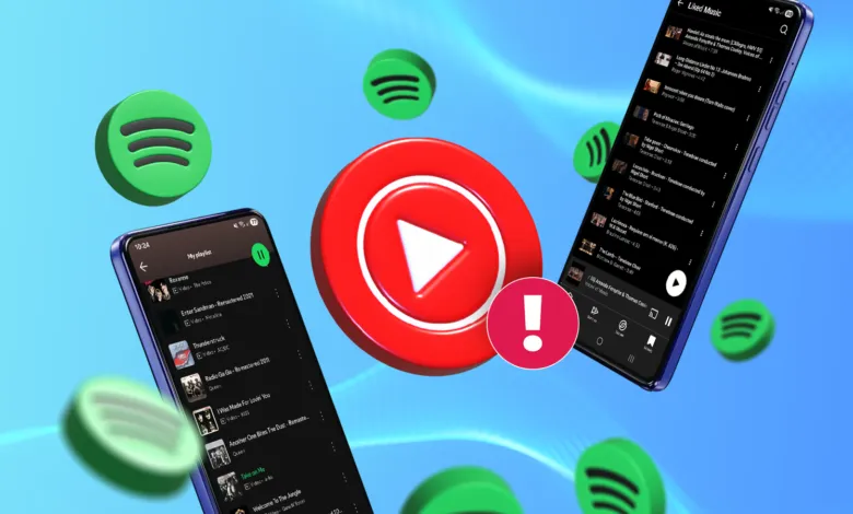 Two smartphones display music apps, YouTube Music with warning, Spotify icons float around.