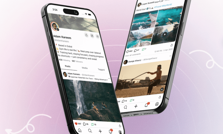 Two iPhones display social media profiles with travel and fitness content.