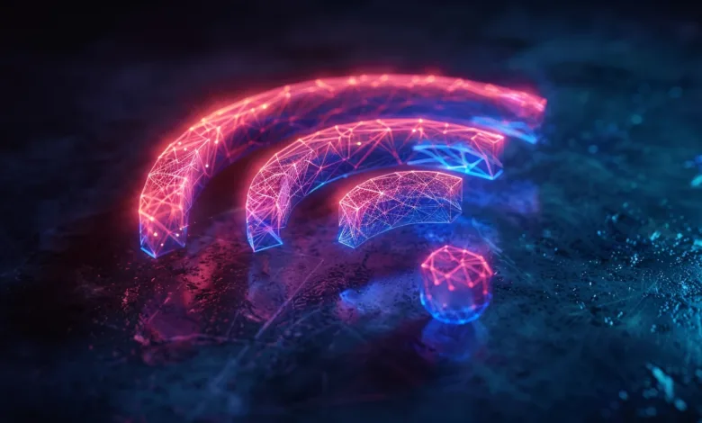 Glowing neon WiFi symbol with geometric design on dark surface.