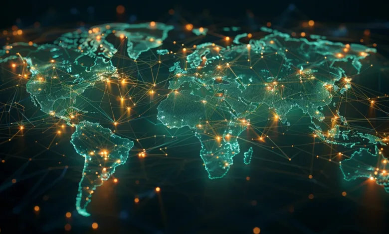 Digital world map with glowing connections and data points.