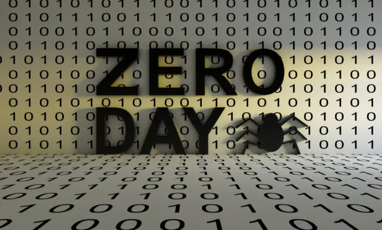Zero Day text with spider on binary code background.