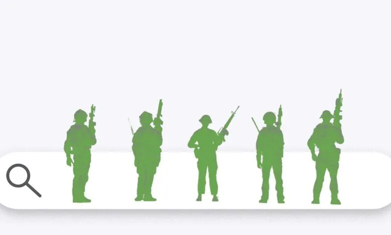 Green soldier silhouettes in a search bar, symbolizing military search.