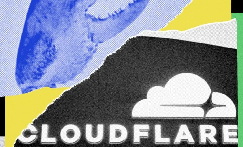 Cloudflare logo with torn paper effect in blue, yellow, and green.