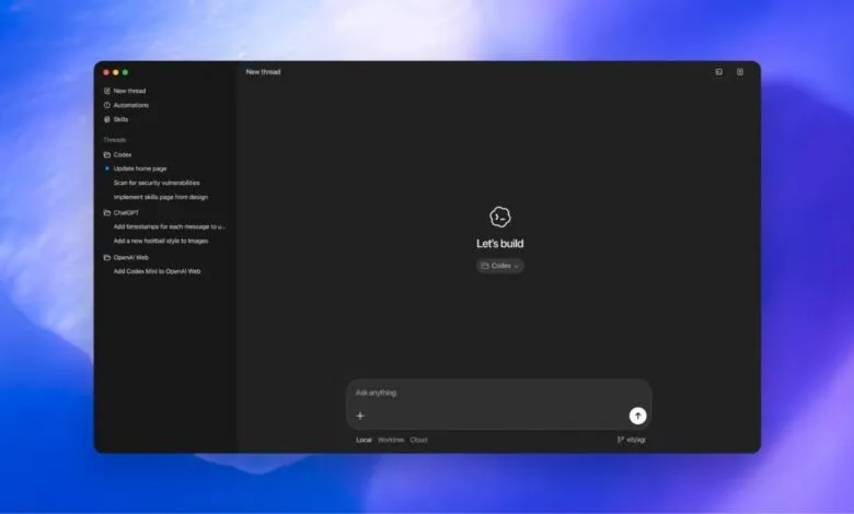 Codex interface with a dark theme, showing options like 'New thread' and 'ChatGPT'.