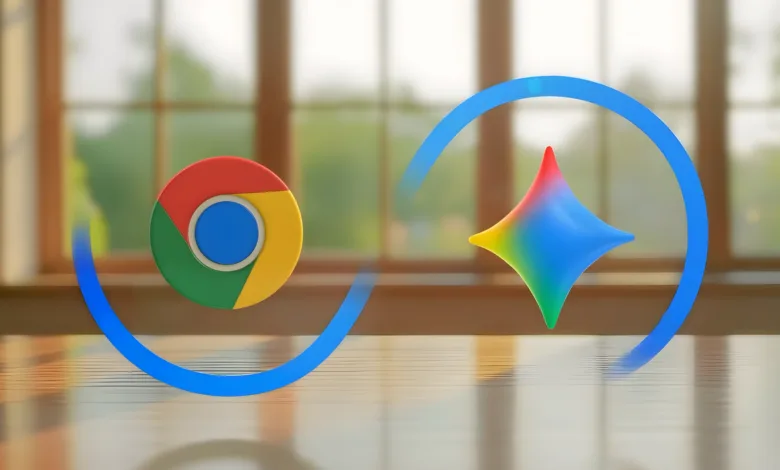 Chrome and Gemini logos connected by a blue arc on a reflective surface.
