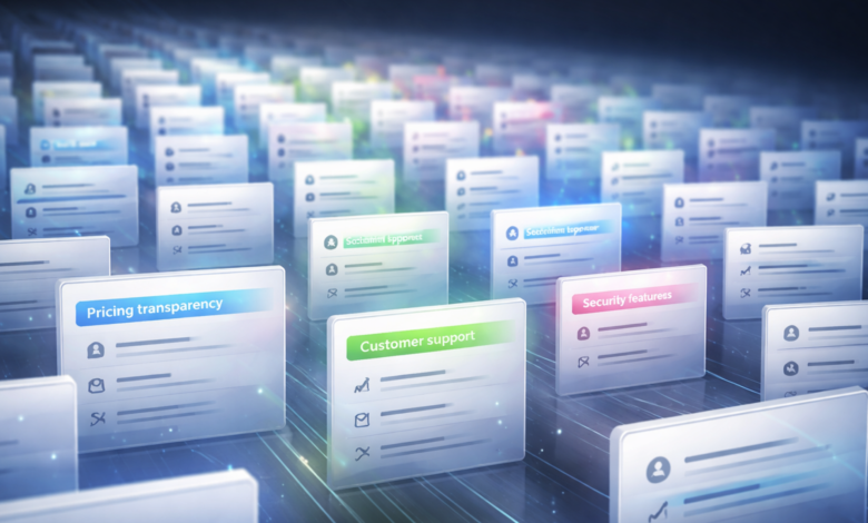 Rows of digital cards displaying business features like pricing and support.
