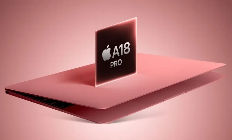 Pink laptop with A18 Pro chip graphic, floating above the keyboard.