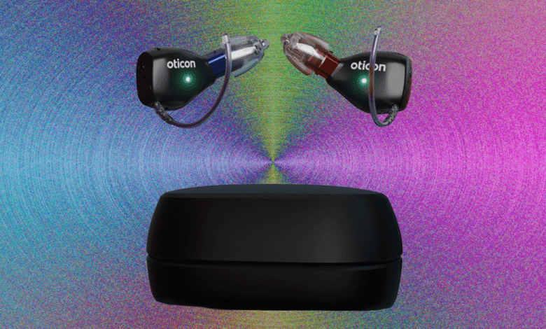 Two Oticon hearing aids and a charging case on a colorful background.