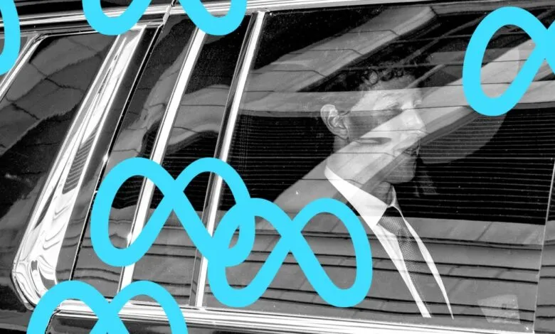 Mark Zuckerberg in car, Meta logo overlay, black and white.