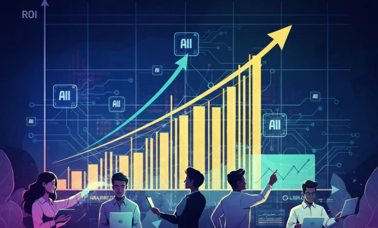 Team analyzes rising ROI chart with AI integration on digital display.