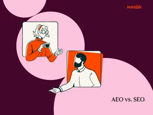 Illustrations of two people representing AEO and SEO concepts.