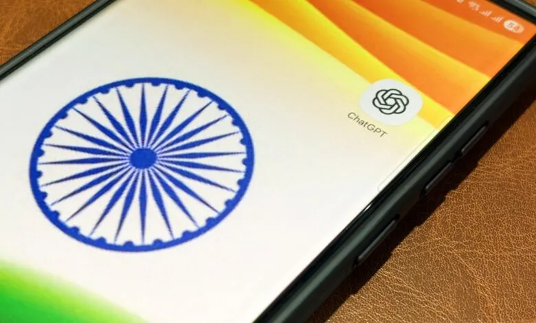 Phone screen displays Indian flag and ChatGPT icon.