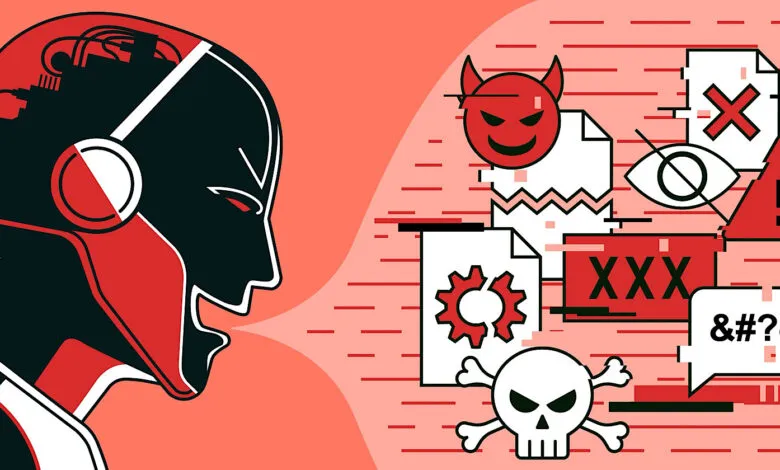 Stylized robot head spewing harmful content symbols on a coral background.