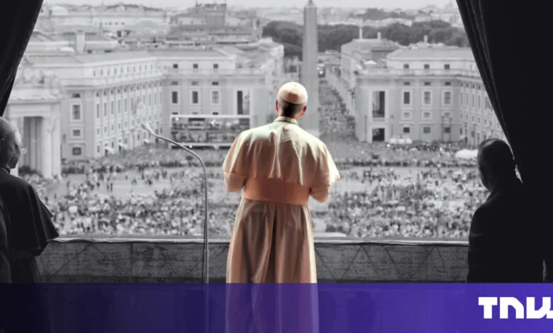Pope addresses crowd from balcony overlooking St. Peter's Square.