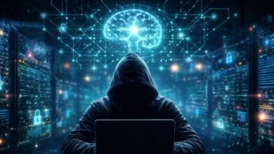 Person in hoodie uses laptop with glowing brain and code background.